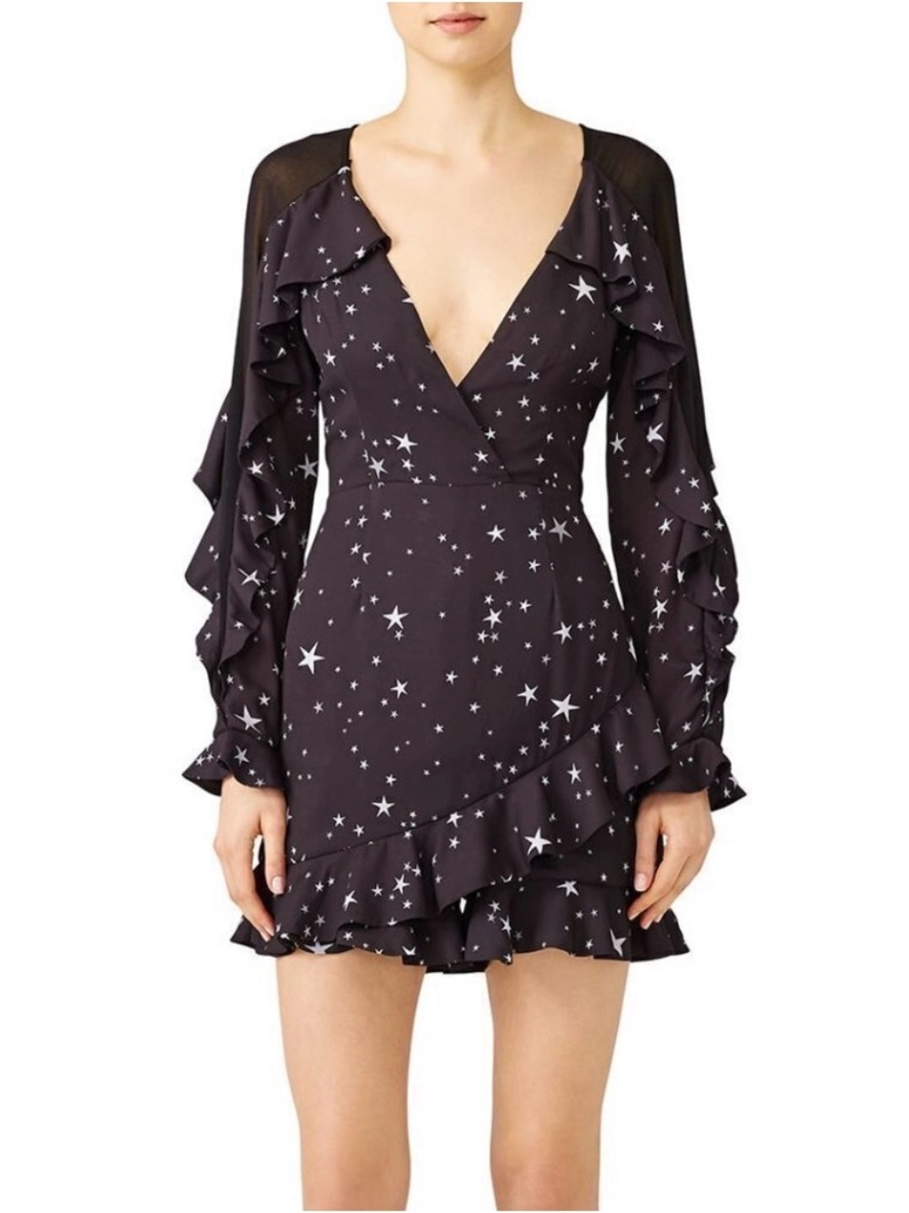 Fame And Partners Black Midnight Star Print Celestial Ruffles Dress Romper Sz 4
